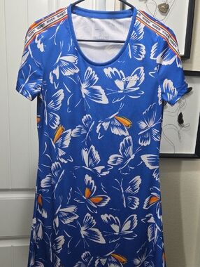 adidas By Farm Rio Blue Butterfly Print Sport Dress with Orange Accents